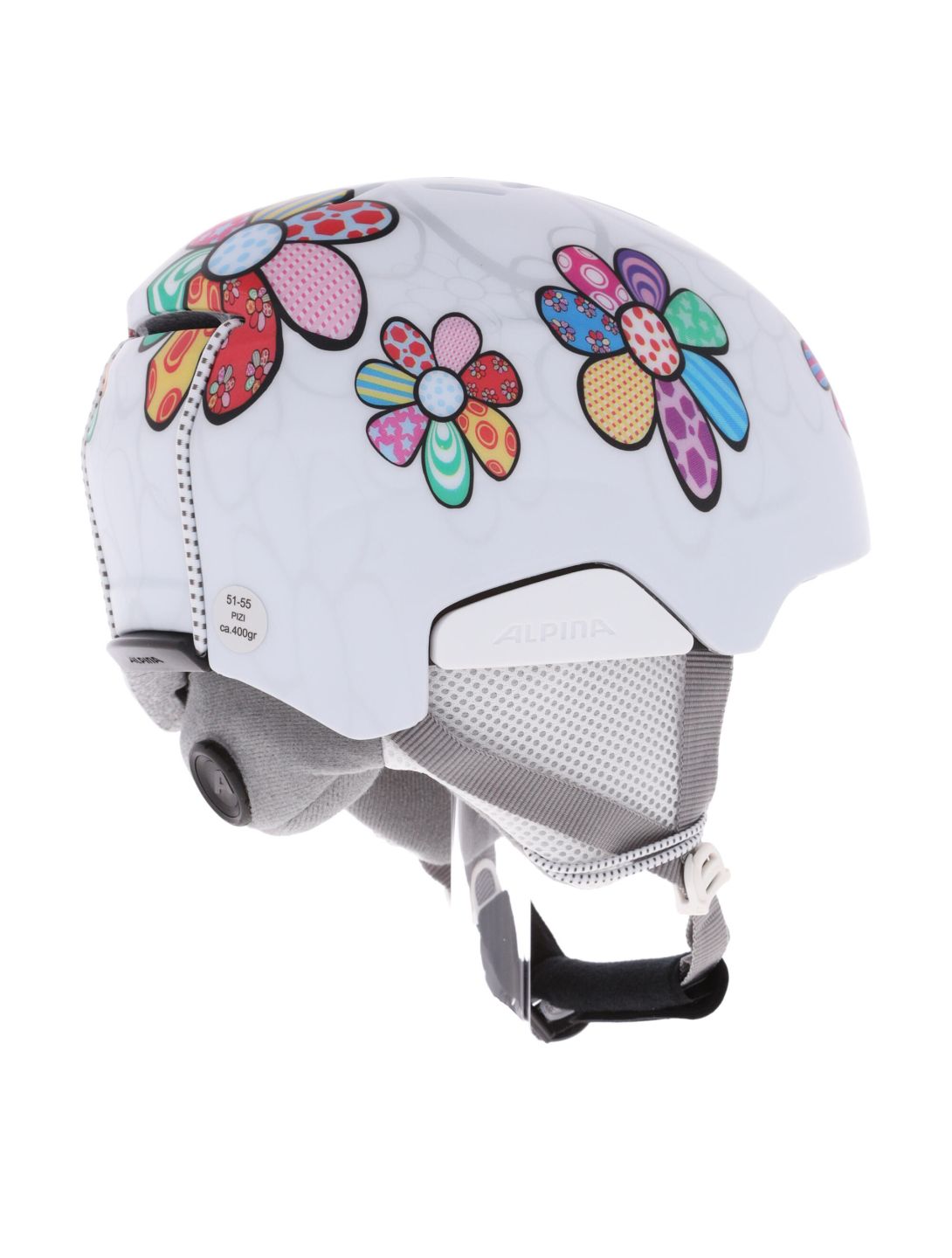 Alpina, Pizi casco bambino Patchwork Flower Matt bianco 