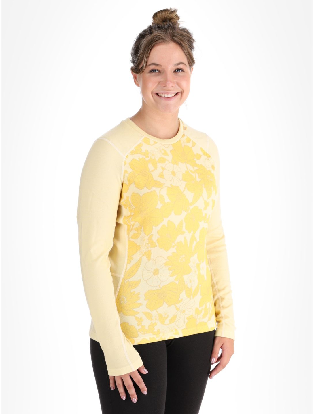 Helly Hansen, W Lifa Merino Midweight Graphics Crew maglia termica donna Yellow Cream Floral AOP giallo 