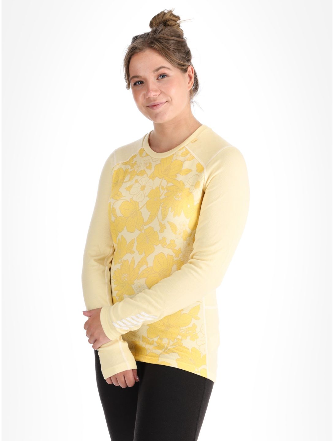 Helly Hansen, W Lifa Merino Midweight Graphics Crew maglia termica donna Yellow Cream Floral AOP giallo 