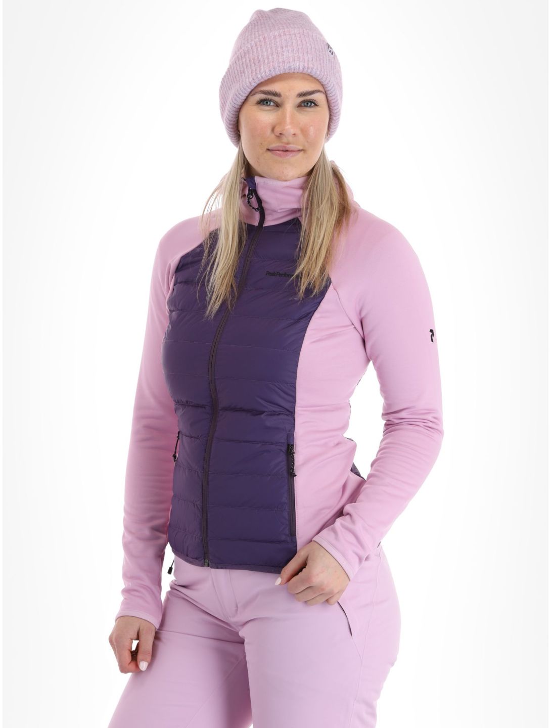 Peak Performance, W Down Hybrid Hood gilet donna Indigo Statice Lilac rosa 