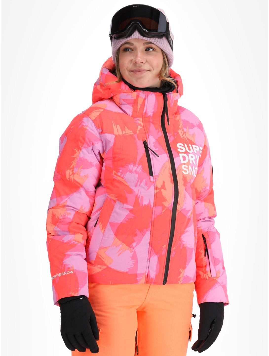 Superdry, Hooded Ski Boxy Puffer giacca sci donna Brush Camo Coral rosa 