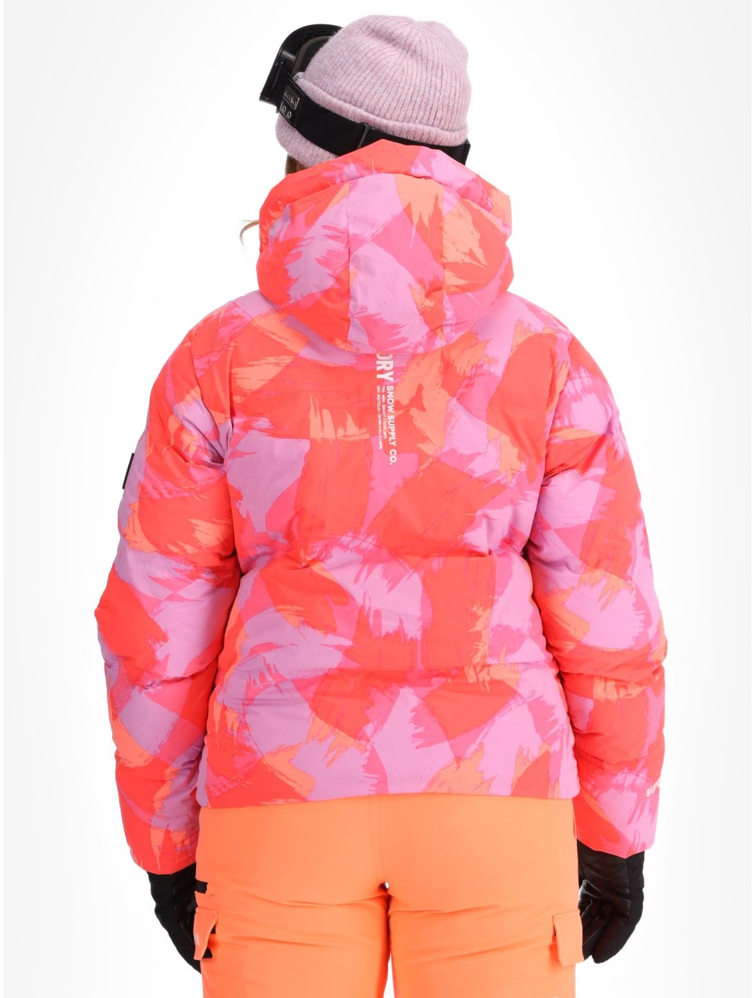 Superdry, Hooded Ski Boxy Puffer giacca sci donna Brush Camo Coral rosa 