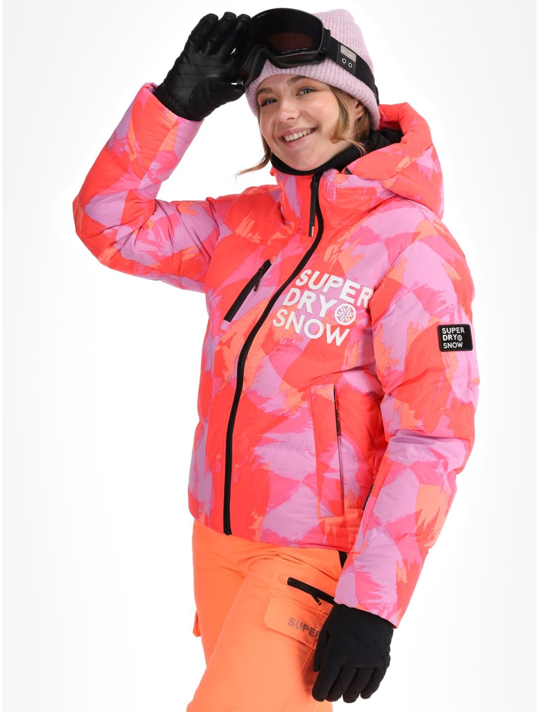 Superdry, Hooded Ski Boxy Puffer giacca sci donna Brush Camo Coral rosa 