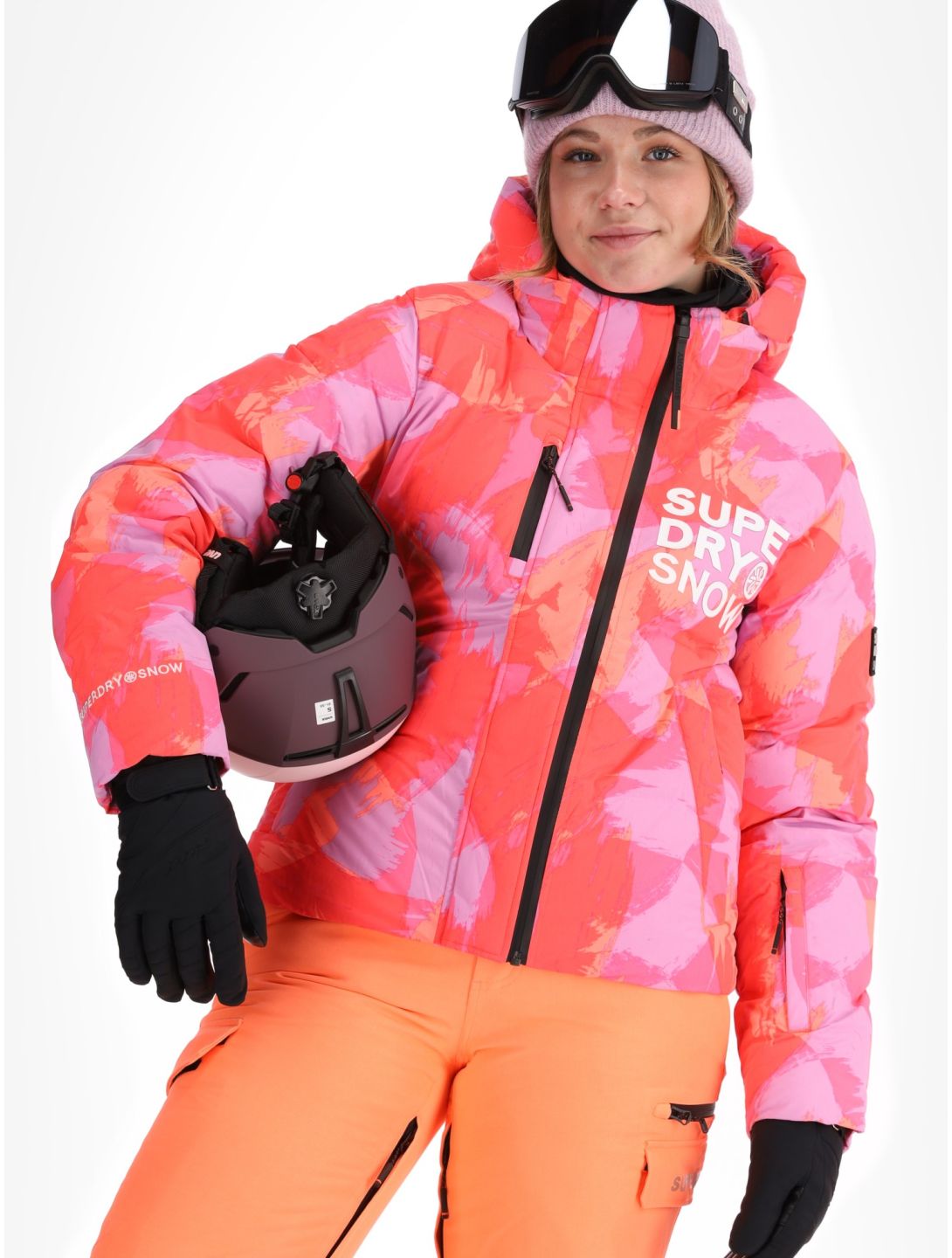 Superdry, Hooded Ski Boxy Puffer giacca sci donna Brush Camo Coral rosa 