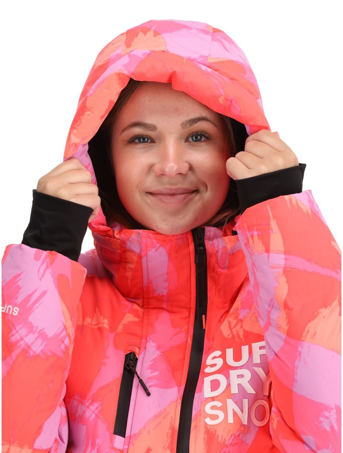 Superdry, Hooded Ski Boxy Puffer giacca sci donna Brush Camo Coral rosa 