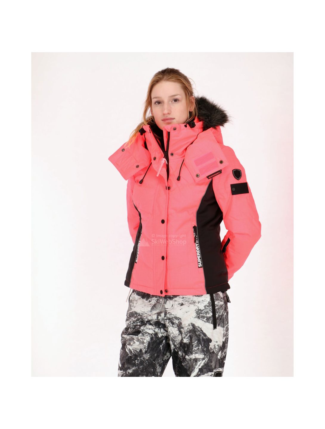 Superdry, Snow Puffer, giacca sci, donna, corallo/nero